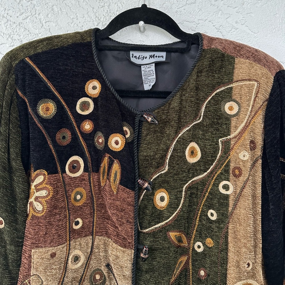 Indigo Moon Embroidered Jacket Metallic Medium Gold Leaves Button Down Lined - Picture 9 of 14